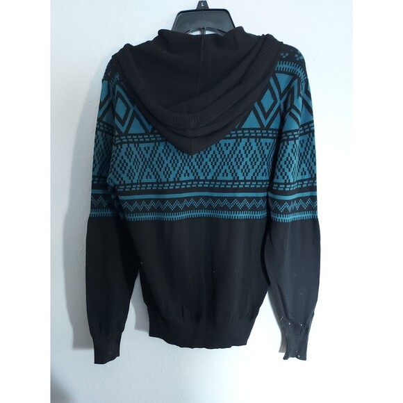 Carbon Mens Black & Blue Aztec Geometric Pullover Hooded Sweater Small - Picture 2 of 3